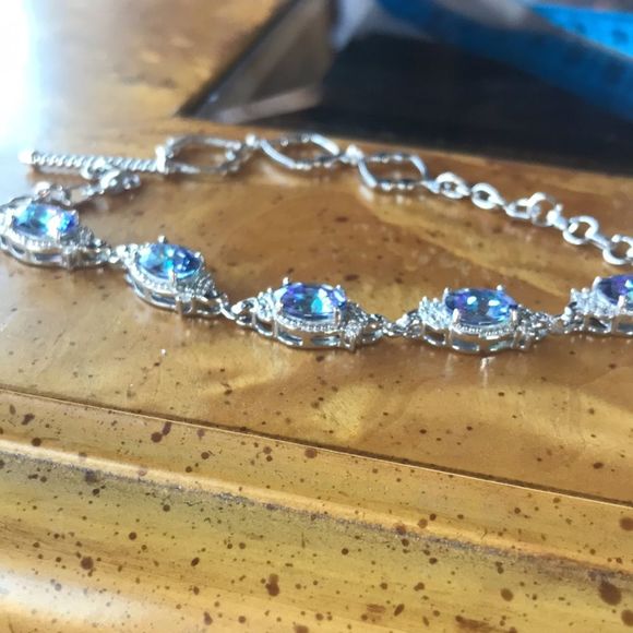 Blue Brazilian Petalite White Zircon Sterling Silver Toggle Bracelet - Picture 6 of 8